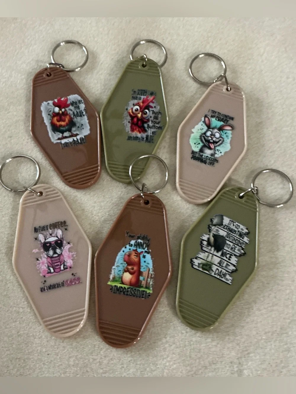 Novelty Keychain Set - Brown, Olive & Cream set of 6